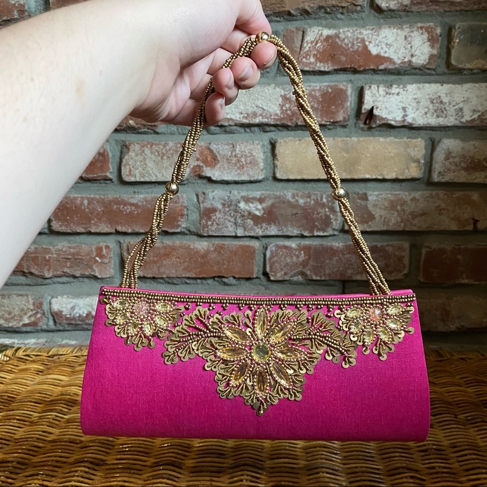 Beaded Sequin Baguette Mini Purse Pink
